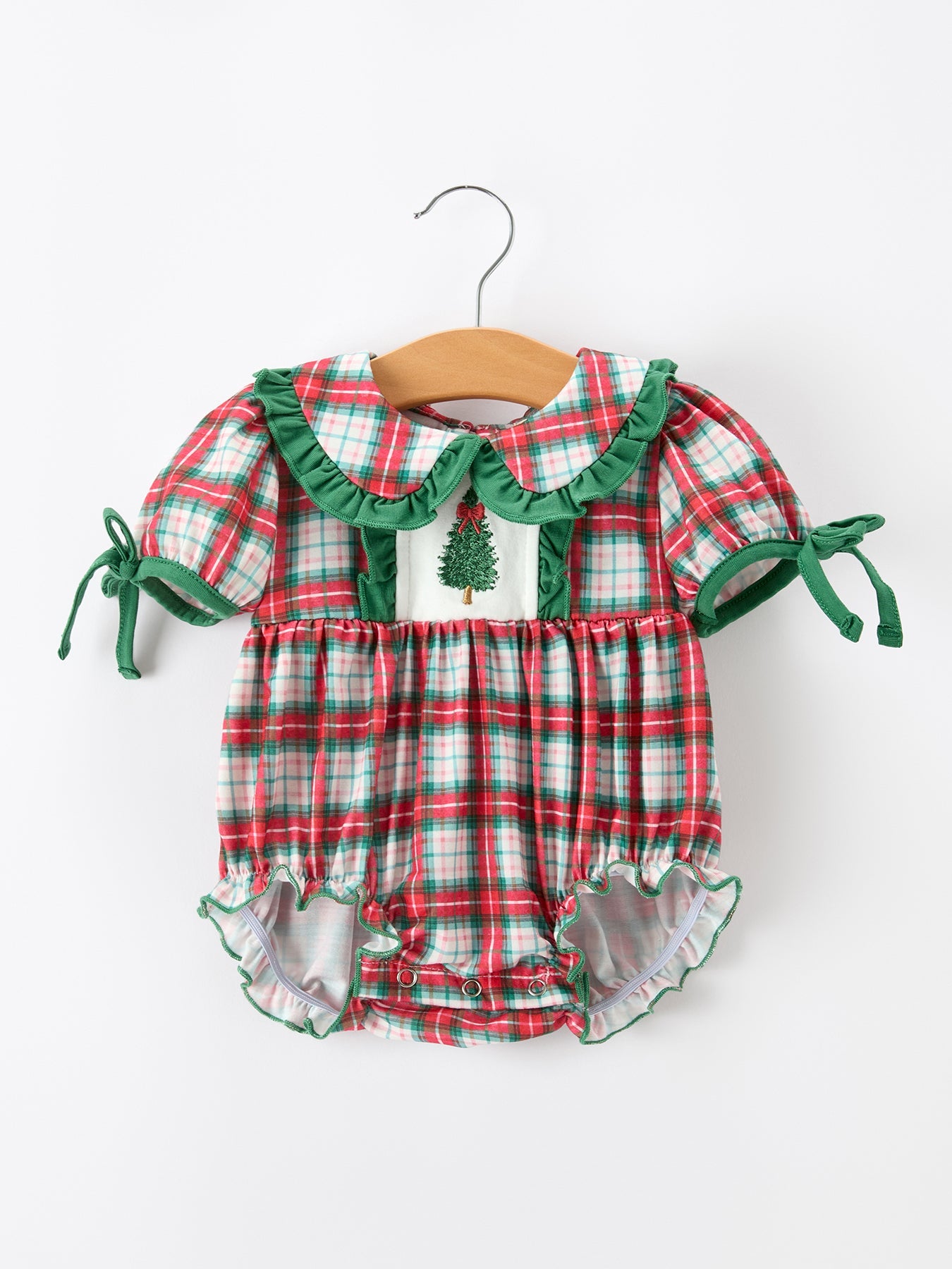 Girls plaid Christmas romper with embroidered tree, green ruffle petals collar, puff sleeves with bow ties, ruffle leg