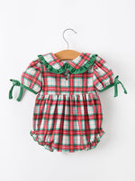 Christmas Tree Plaid Girls Romper Petals Collar Ruffle by Rylee Faith Designs