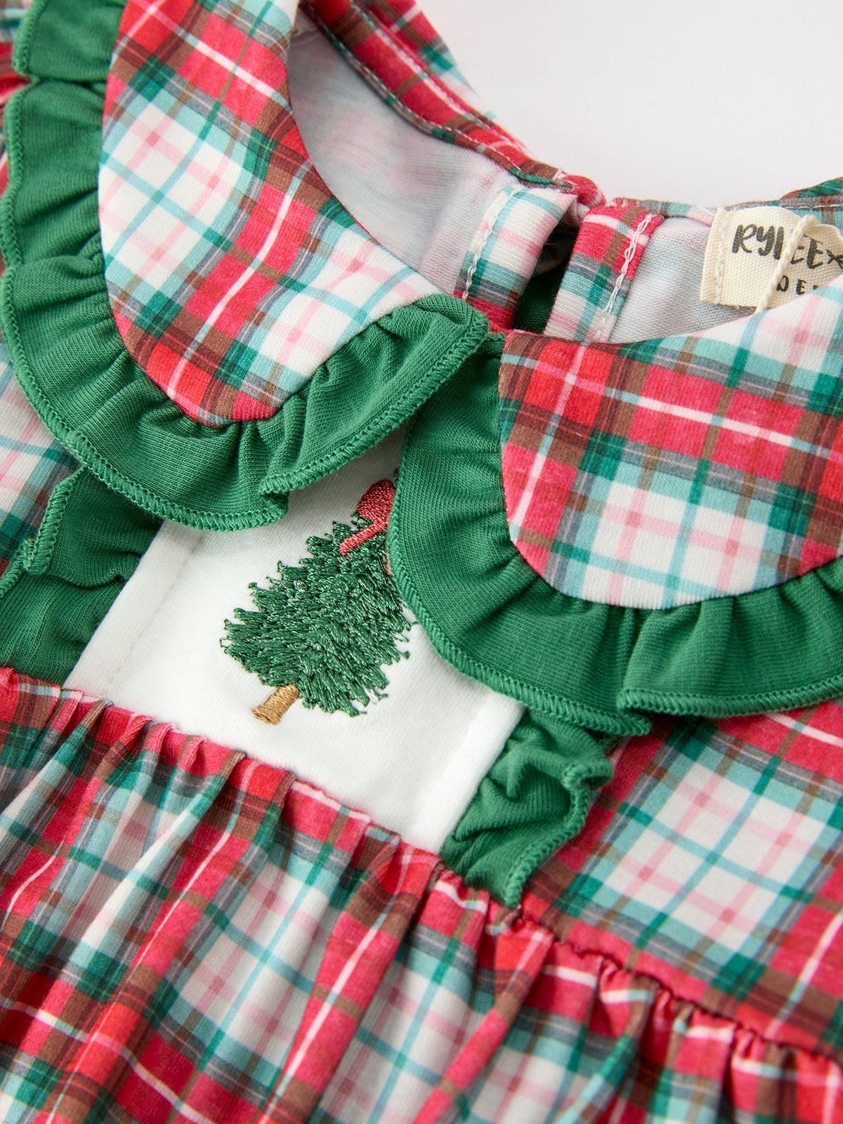 Christmas Tree Plaid Girls Romper Petals Collar Ruffle by Rylee Faith Designs