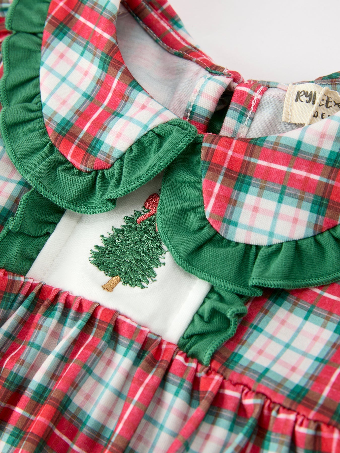 Christmas Tree Plaid Girls Romper Petals Collar Ruffle by Rylee Faith Designs