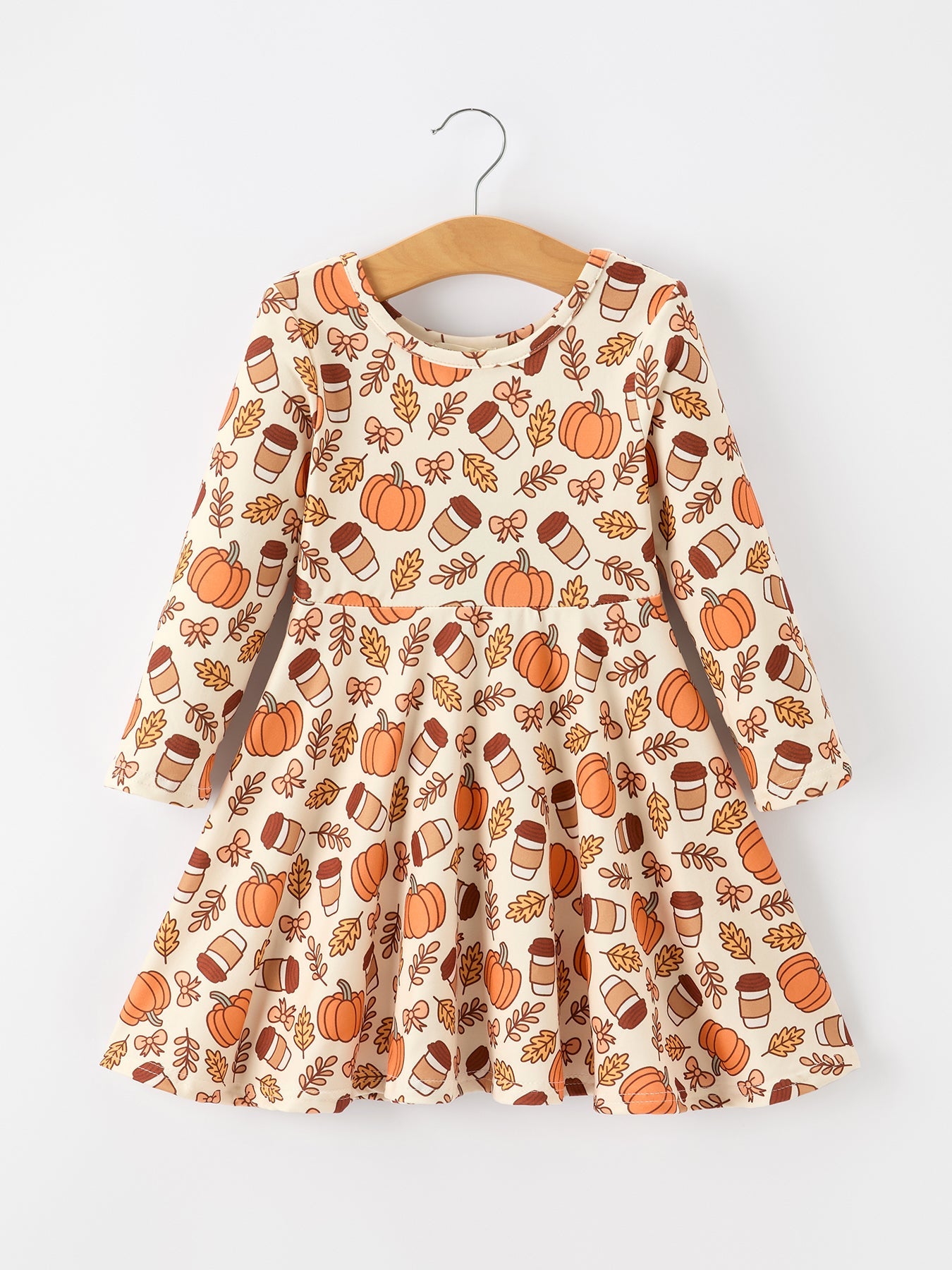 Girls twirl dress with an all-over pumpkin pie print for Thanksgiving and fall
