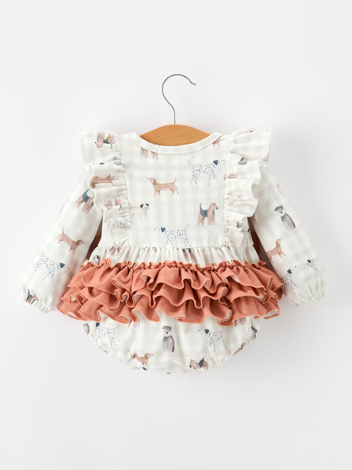 Fall Plaid Dog Print Long Sleeve Romper by Rylee Faith Designs