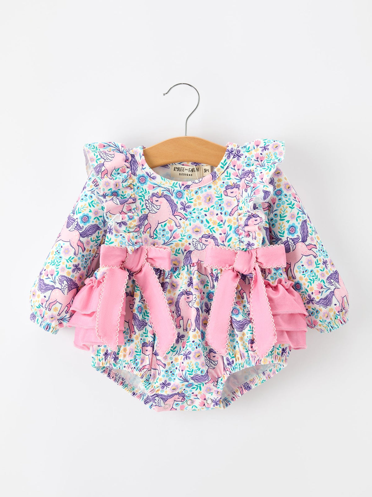 Polyester Spandex Romper, Unicorn Floral Print, Girls, Long Sleeve by Rylee Faith Designs