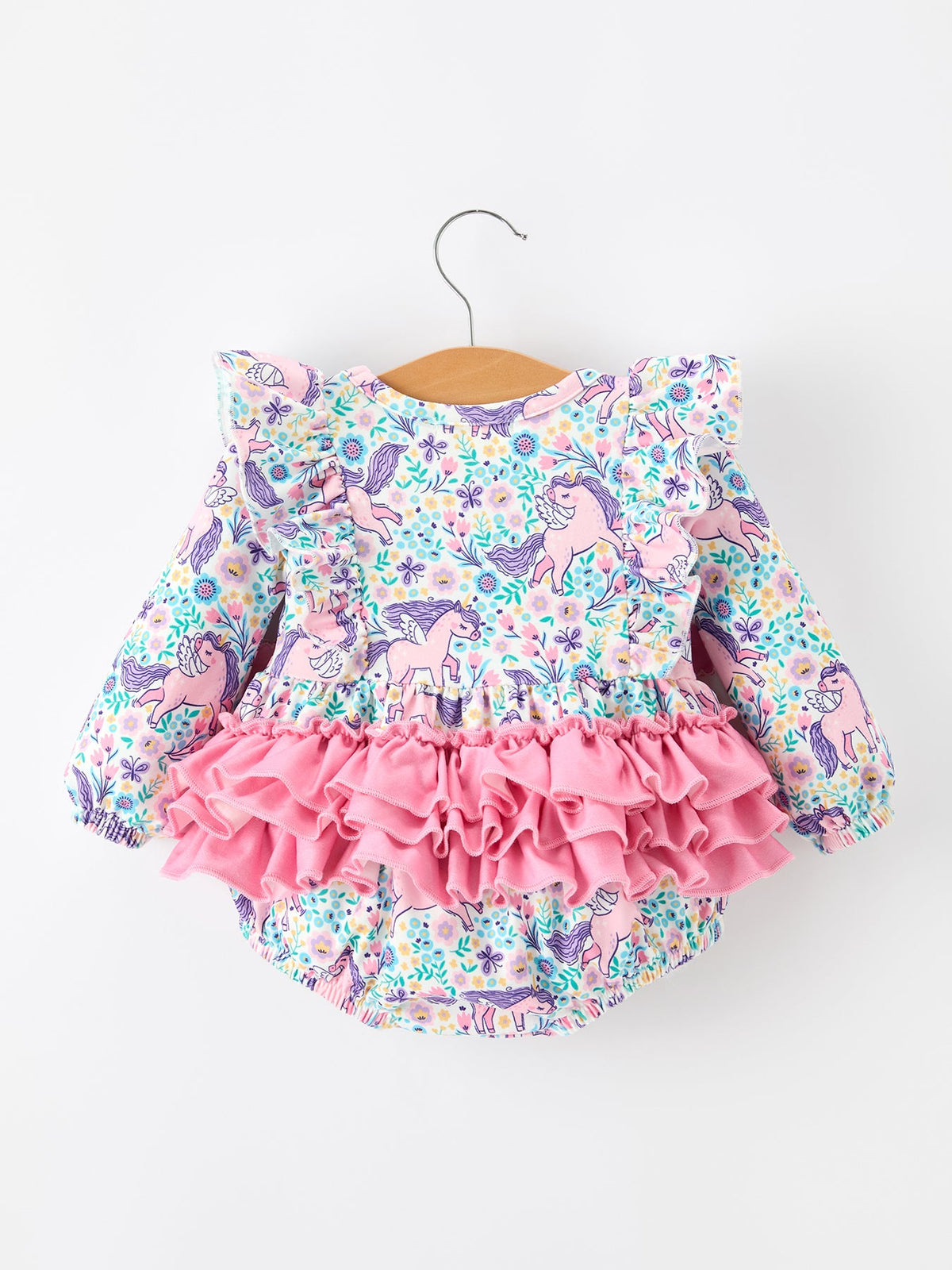 Polyester Spandex Romper, Unicorn Floral Print, Girls, Long Sleeve by Rylee Faith Designs