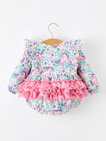 Polyester Spandex Romper, Unicorn Floral Print, Girls, Long Sleeve by Rylee Faith Designs