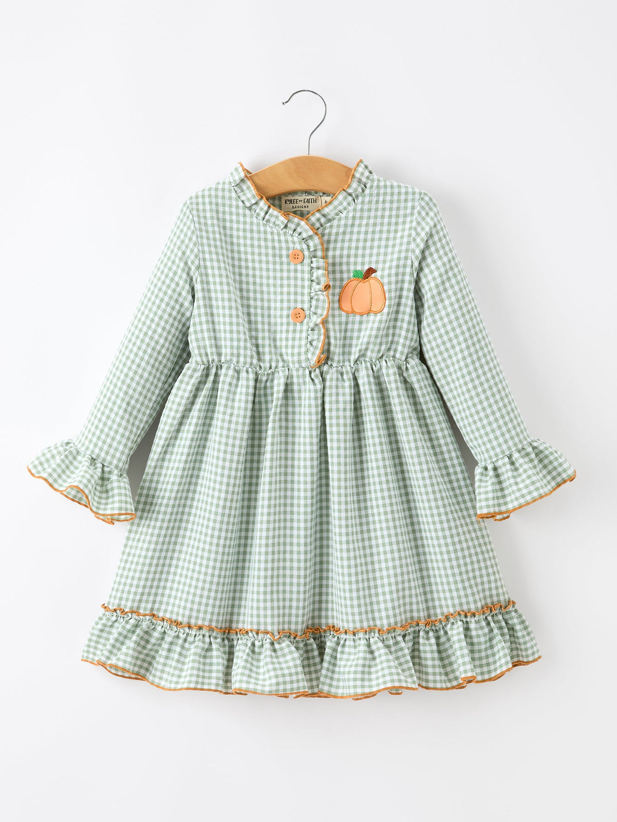 Fall Plaid Girls Dress Pumpkin Applique Ruffle Button Dress by Rylee Faith Designs