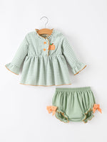 Fall Plaid Baby Girl Outfit Set Pumpkin Applique Ruffle Top Bloomer by Rylee Faith Designs