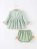 Fall Plaid Baby Girl Outfit Set Pumpkin Applique Ruffle Top Bloomer by Rylee Faith Designs