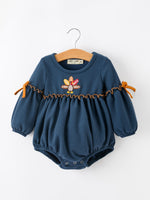 Thanksgiving Fall Turkey Applique Navy Baby Girls Romper by Rylee Faith Designs