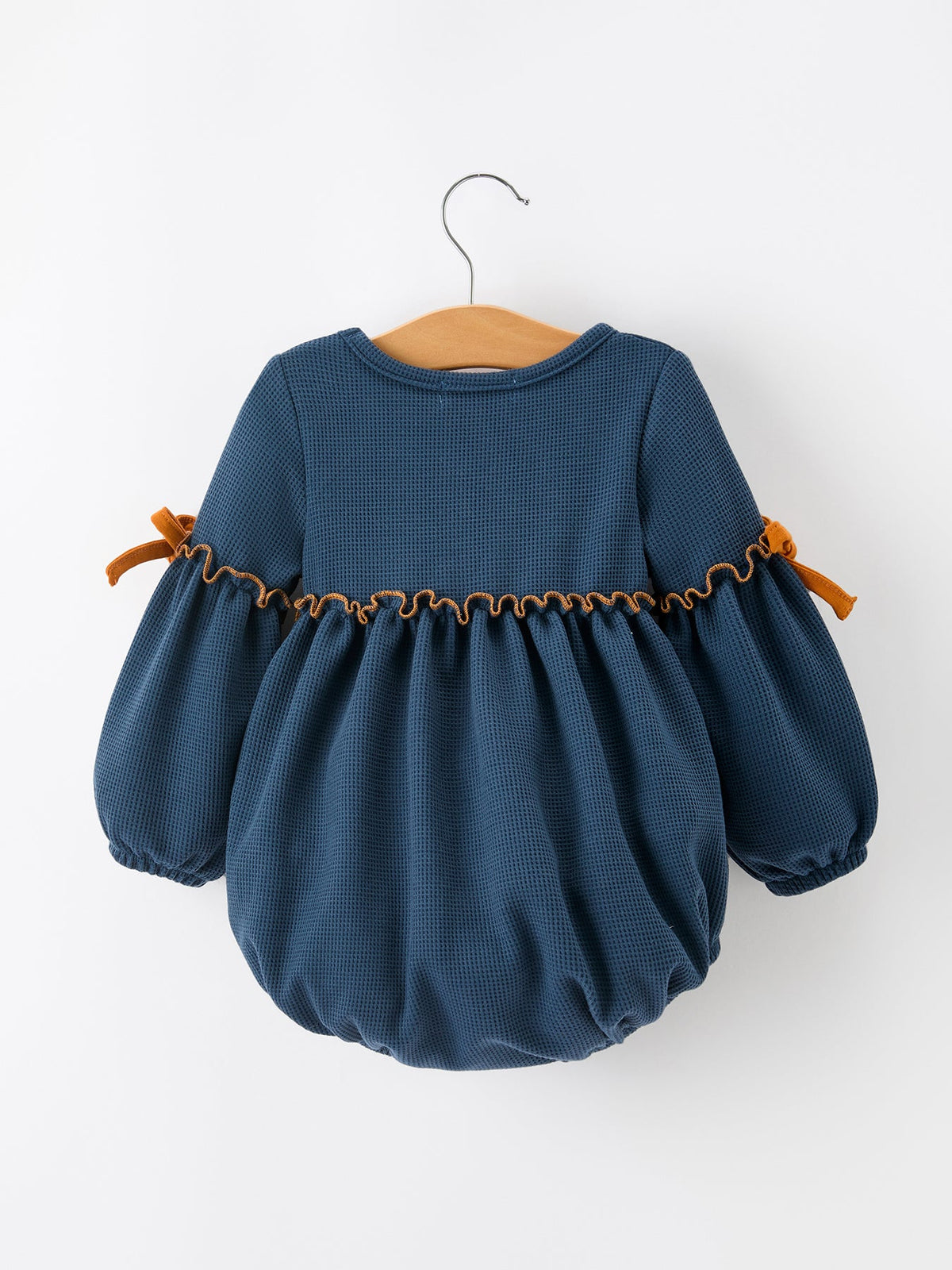 Thanksgiving Fall Turkey Applique Navy Baby Girls Romper by Rylee Faith Designs