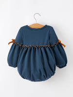 Thanksgiving Fall Turkey Applique Navy Baby Girls Romper by Rylee Faith Designs