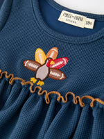 Thanksgiving Fall Turkey Applique Navy Baby Girls Romper by Rylee Faith Designs