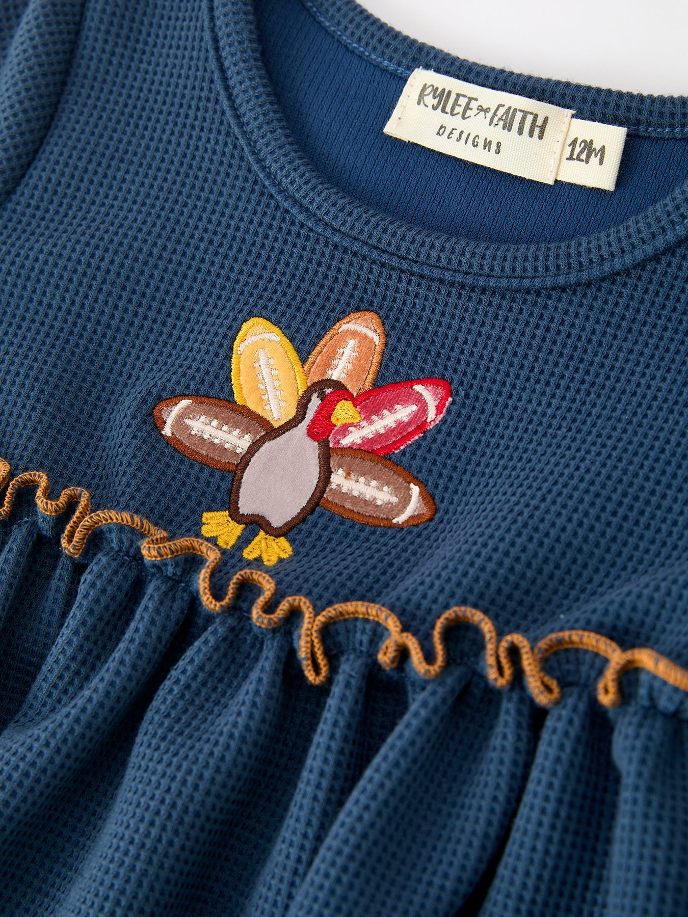 Thanksgiving Fall Turkey Applique Navy Baby Girls Romper by Rylee Faith Designs