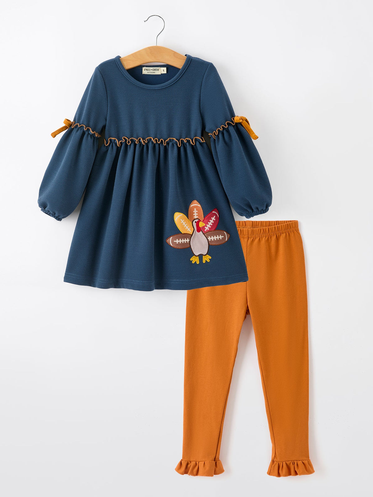 Thanksgiving Turkey Applique Girls Outfit Set Navy Top Orange Pants Set by Rylee Faith Designs