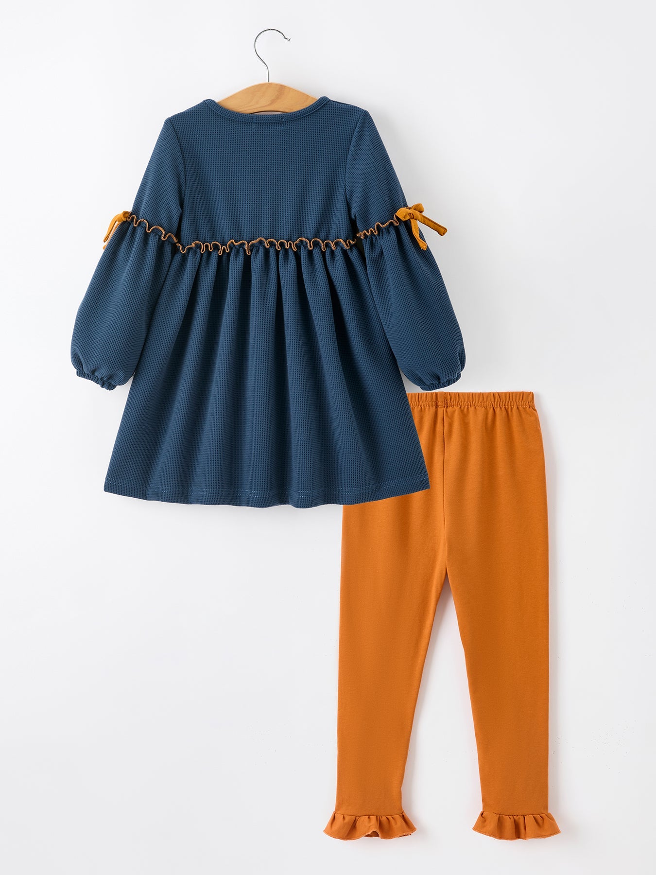 Thanksgiving Turkey Applique Girls Outfit Set Navy Top Orange Pants Set by Rylee Faith Designs