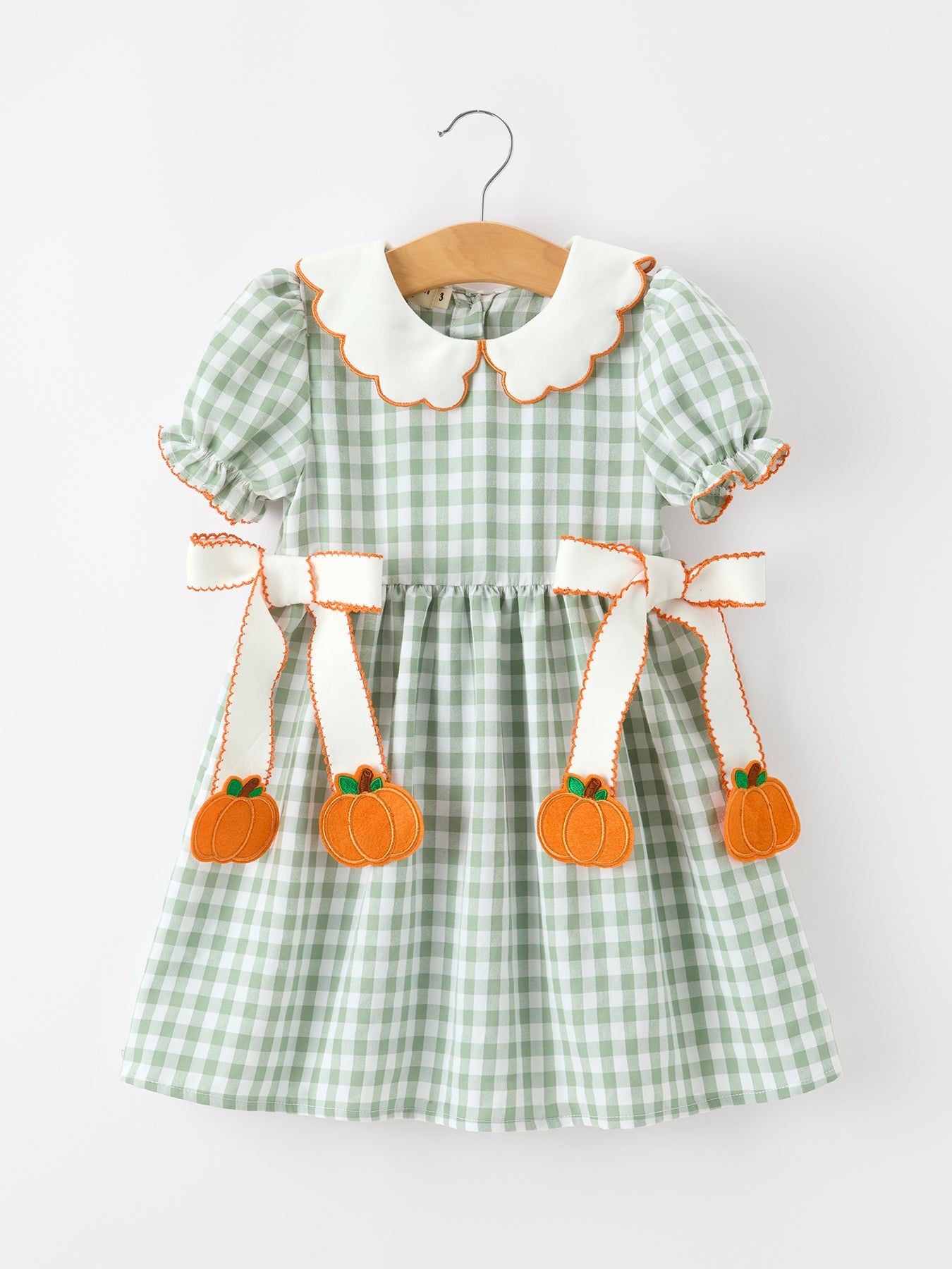 Cotton Girls Dress, Plaid, Smocked, Peter Pan Collar, Pumpkin Bow