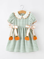 Cotton Girls Dress, Plaid, Smocked, Peter Pan Collar, Pumpkin Bow by Rylee Faith Designs