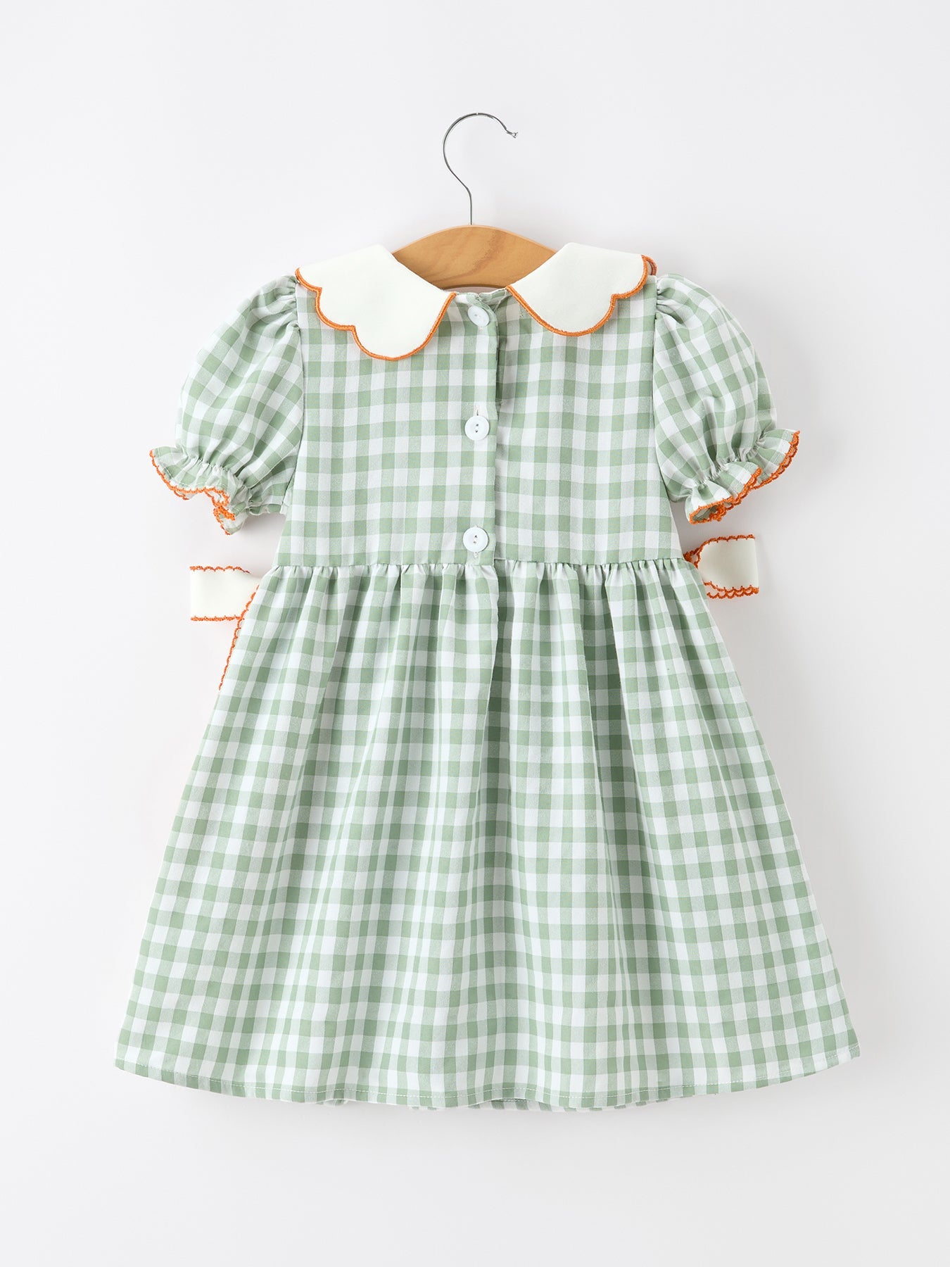 Cotton Girls Dress, Plaid, Smocked, Peter Pan Collar, Pumpkin Bow