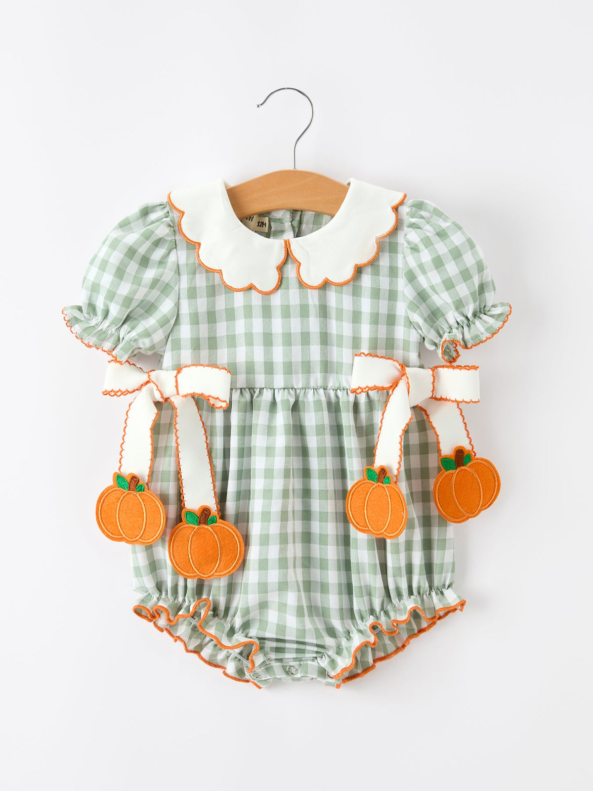 Cotton Romper, Plaid, Pumpkin Bow, Peter Pan Collar by Rylee Faith Designs