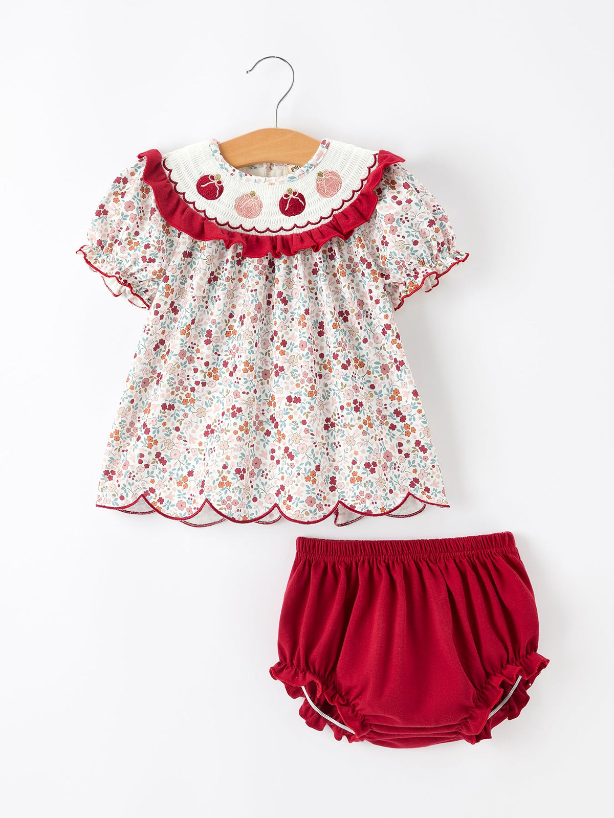Fall Pumpkin Embroidery Baby Girl Outfit Set Red Bloomer Set by Rylee Faith Designs