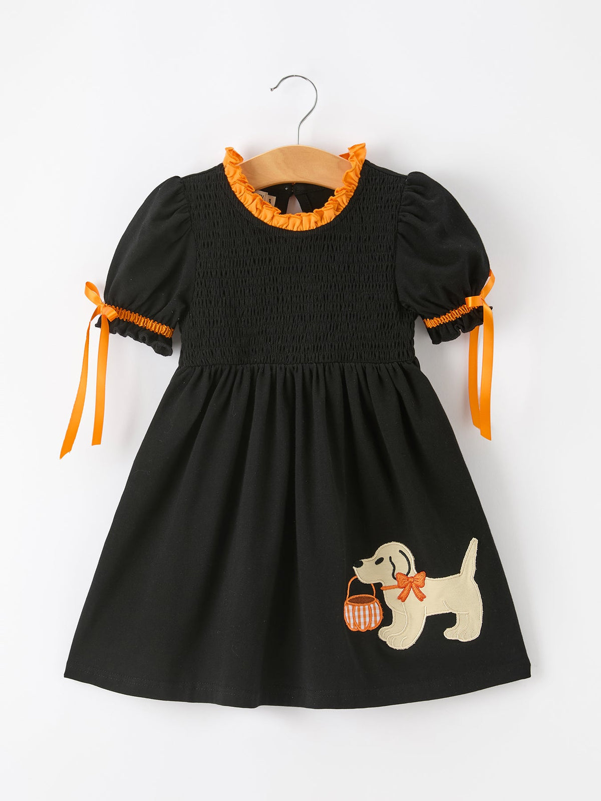 Girls Halloween Dog Pumpkin Embroidered Dress Puff Sleeve by Rylee Faith Designs