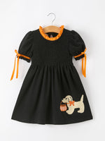 Girls Halloween Dog Pumpkin Embroidered Dress Puff Sleeve by Rylee Faith Designs