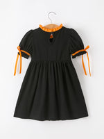 Girls Halloween Dog Pumpkin Embroidered Dress Puff Sleeve by Rylee Faith Designs