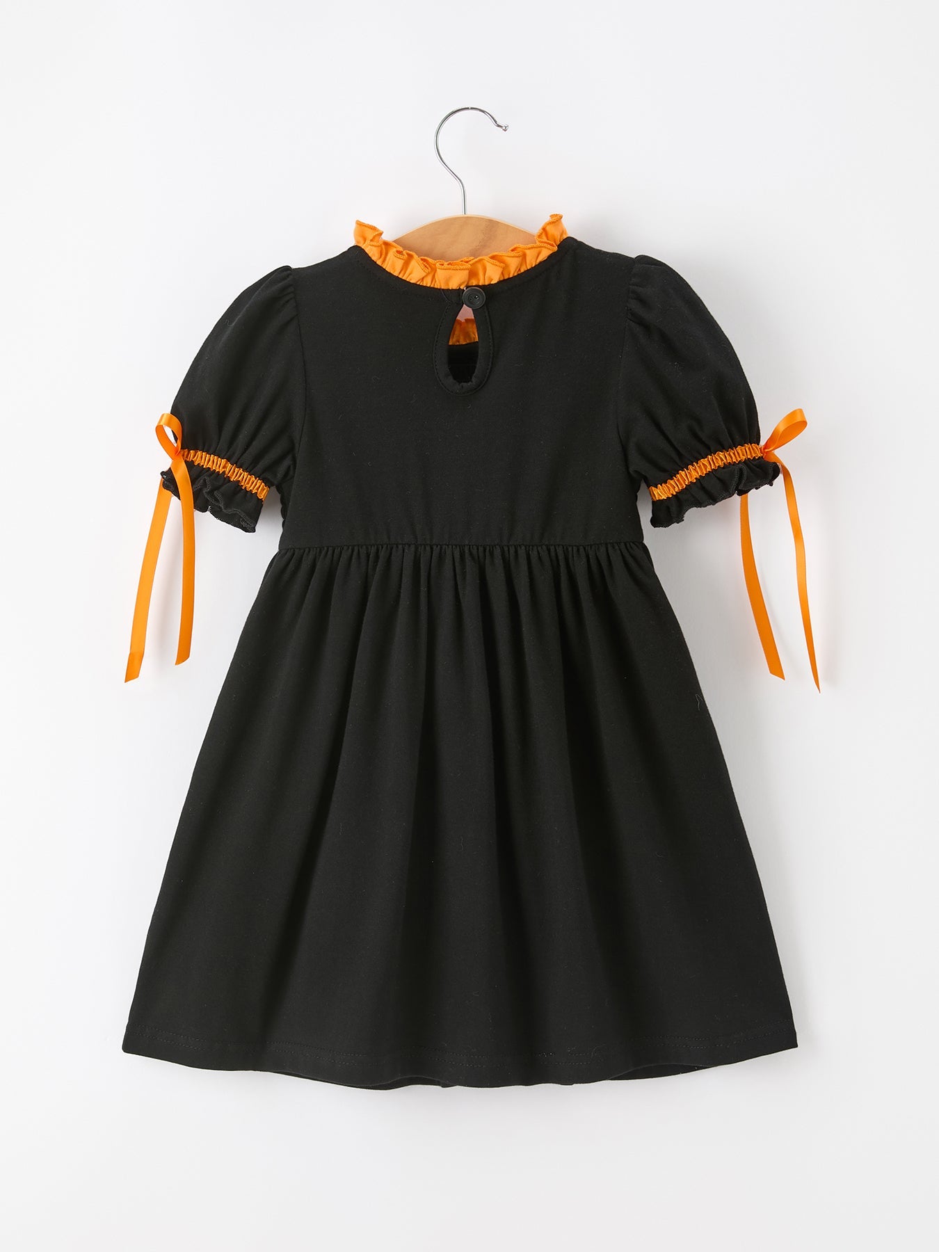 Girls Halloween Dog Pumpkin Embroidered Dress Puff Sleeve by Rylee Faith Designs
