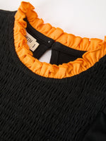 Girls Halloween Dog Pumpkin Embroidered Dress Puff Sleeve by Rylee Faith Designs