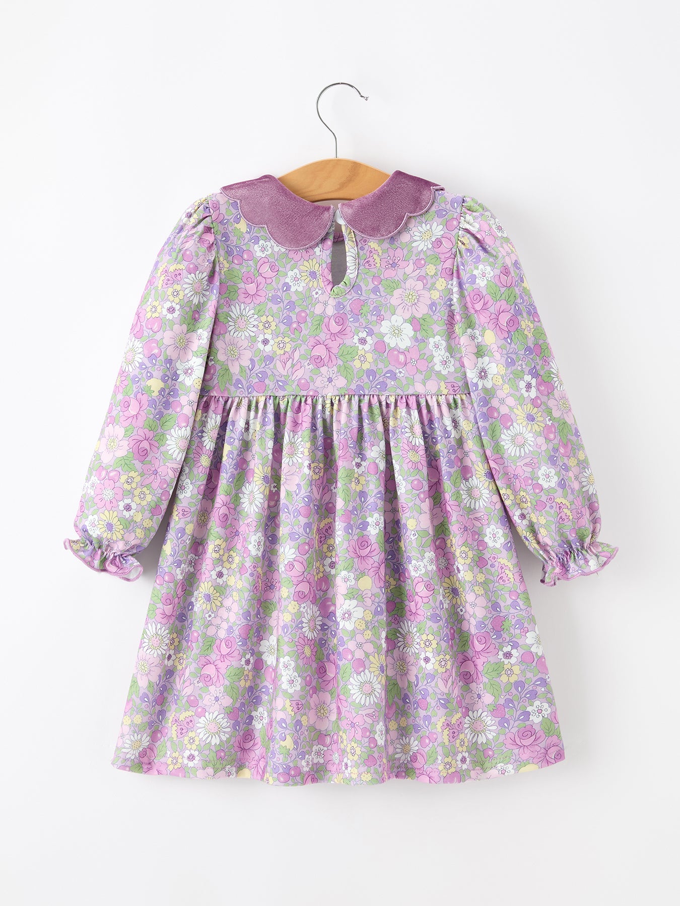 Floral Print Polyester Spandex Dress, Velvet Collar, Long Sleeve