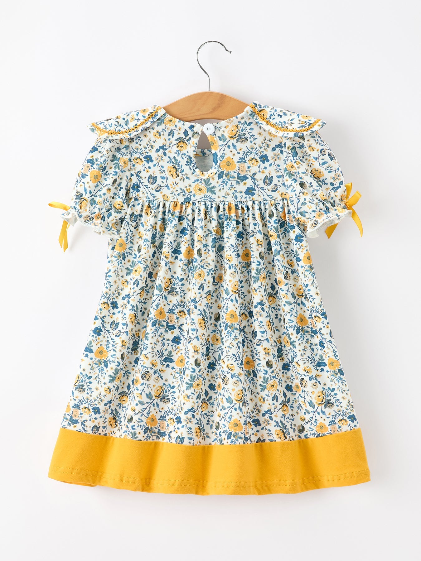 Floral Girls Dress Peter Pan Collar Yellow Trim Puff Sleeve Dress
