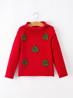 Baby Girl Christmas Red Knit Sweater with Embroidered Tree Appliqué by Rylee Faith Designs