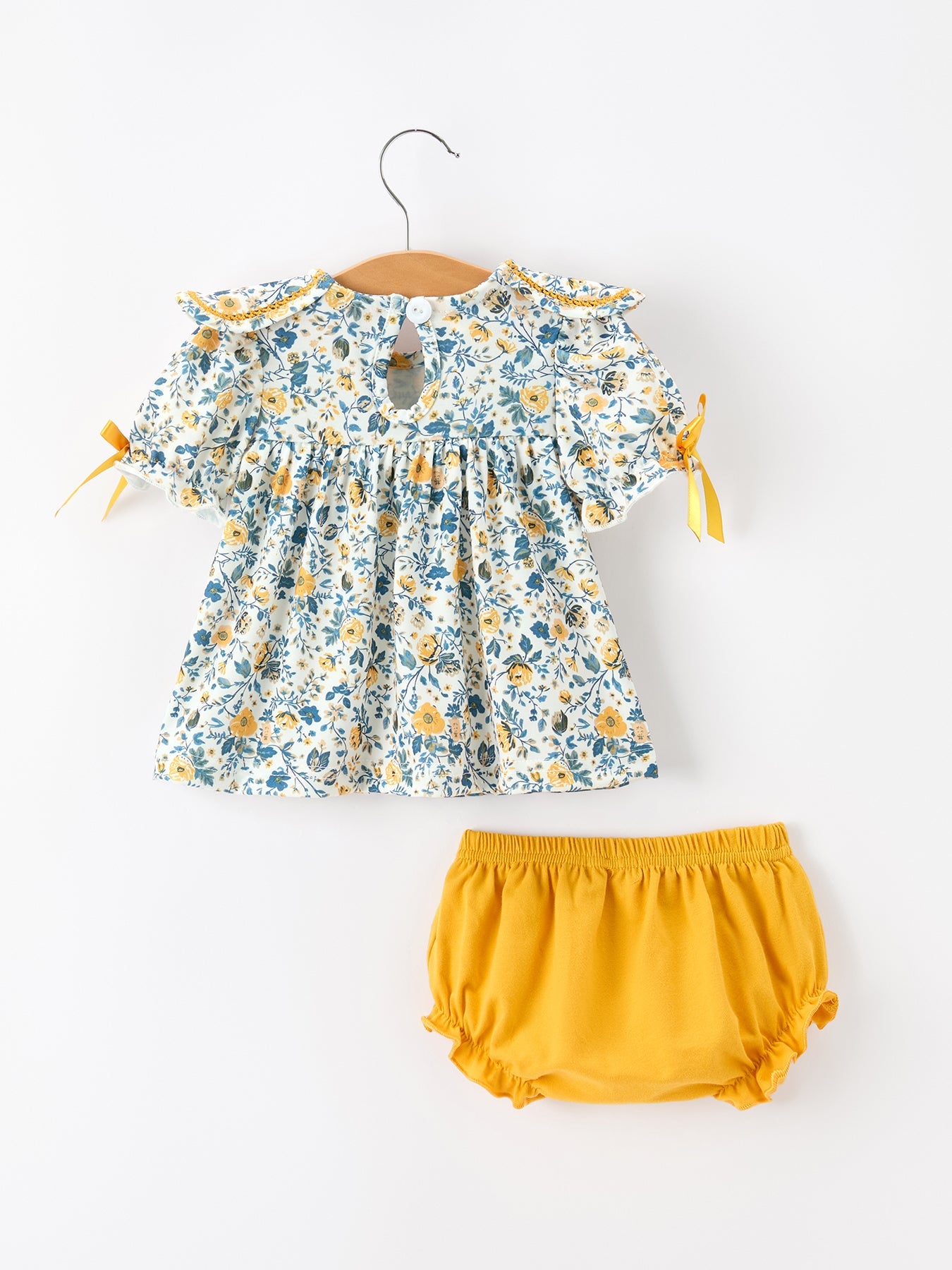Floral Girls Outfit Set Yellow Puff Sleeve Top Bloomers Set