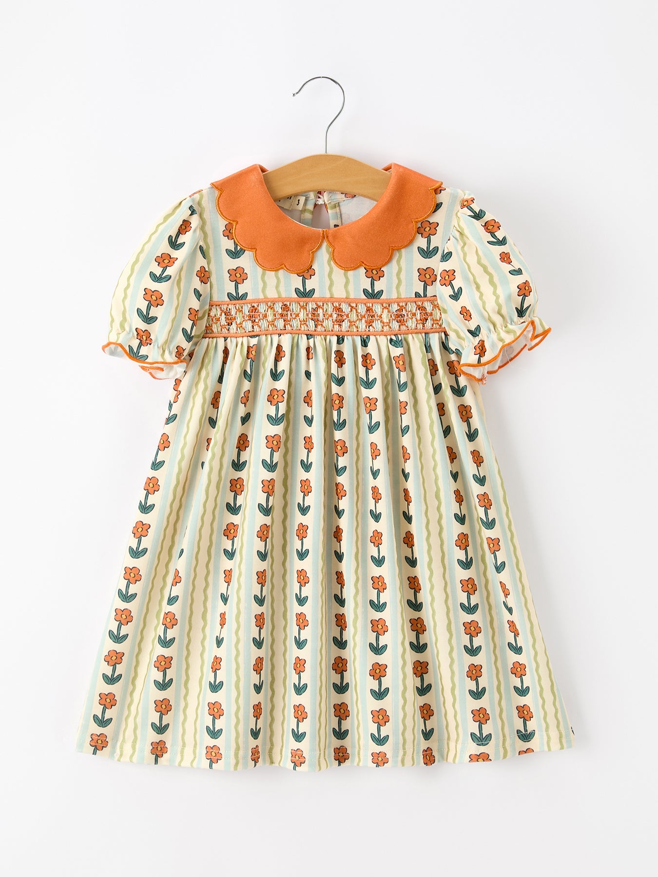 Fall Floral Stripe Polyester Spandex Girls Dress, Petals Collar