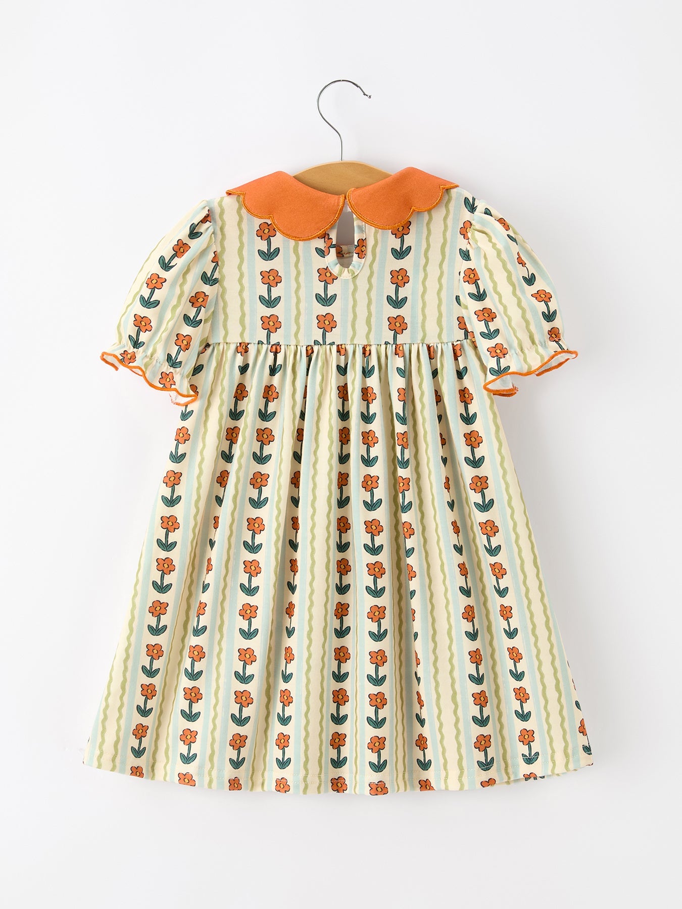 Fall Floral Stripe Polyester Spandex Girls Dress, Petals Collar