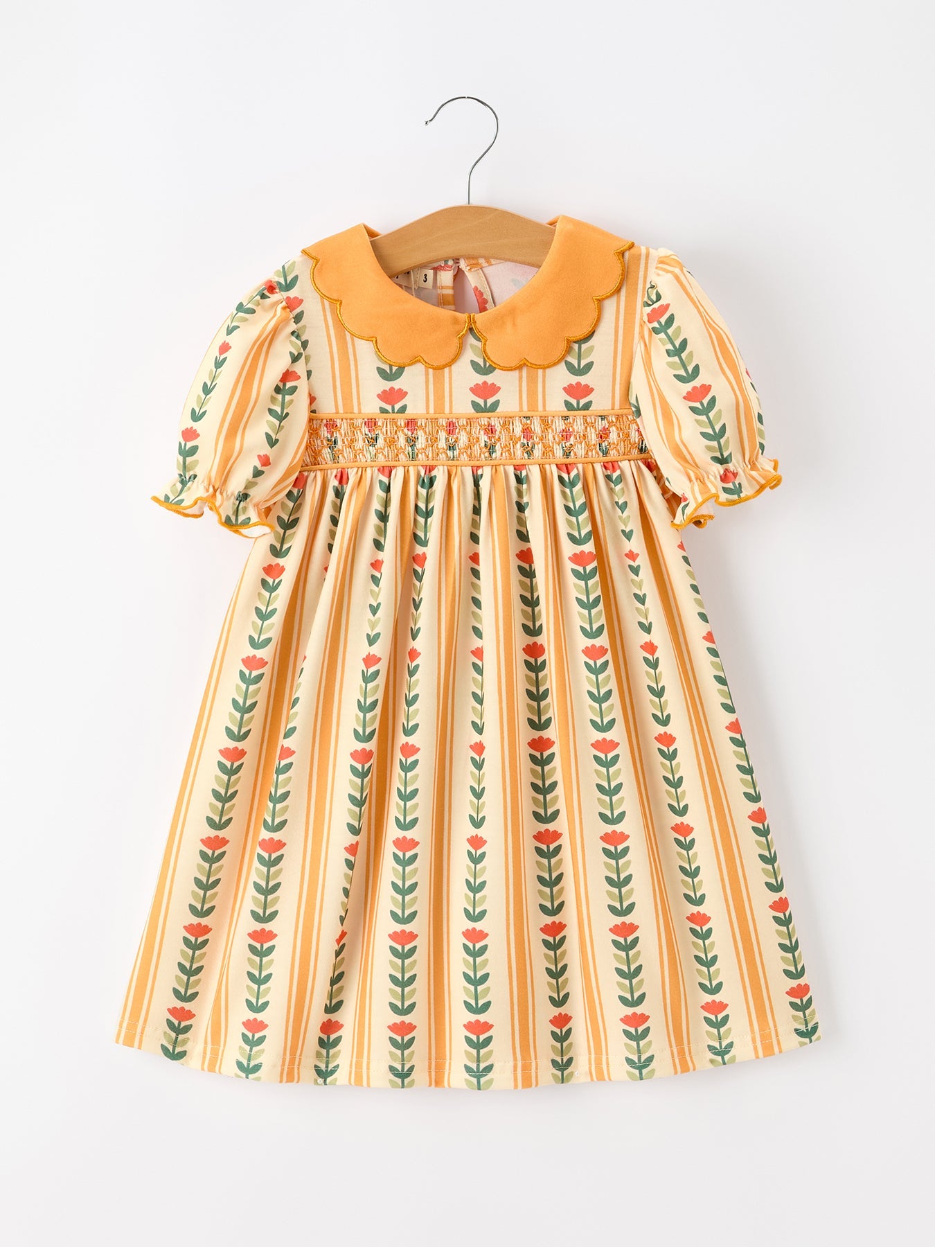 Polyester Spandex Girls Dress, Floral Stripe Petals Collar Smocked