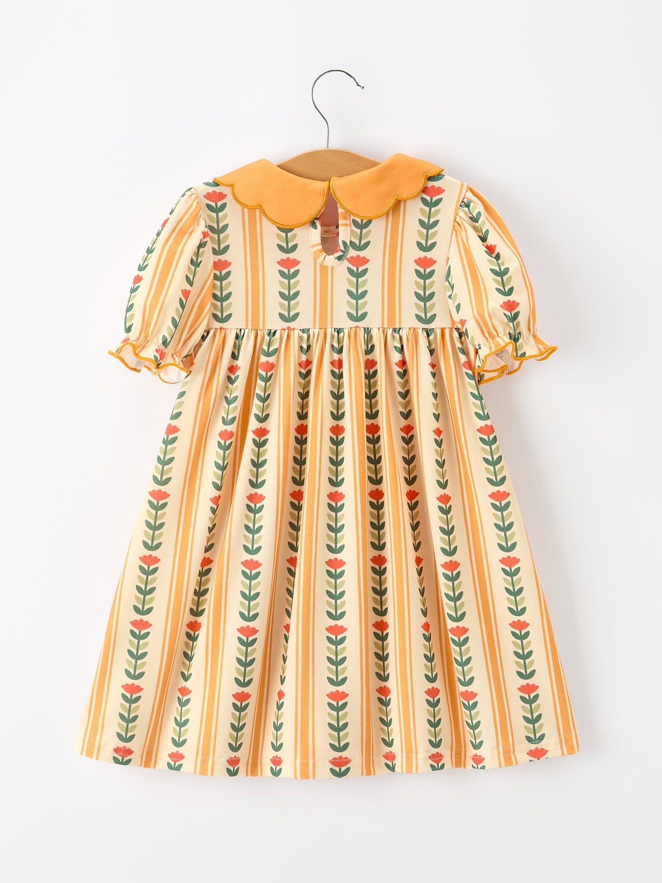 Polyester Spandex Girls Dress, Floral Stripe Petals Collar Smocked