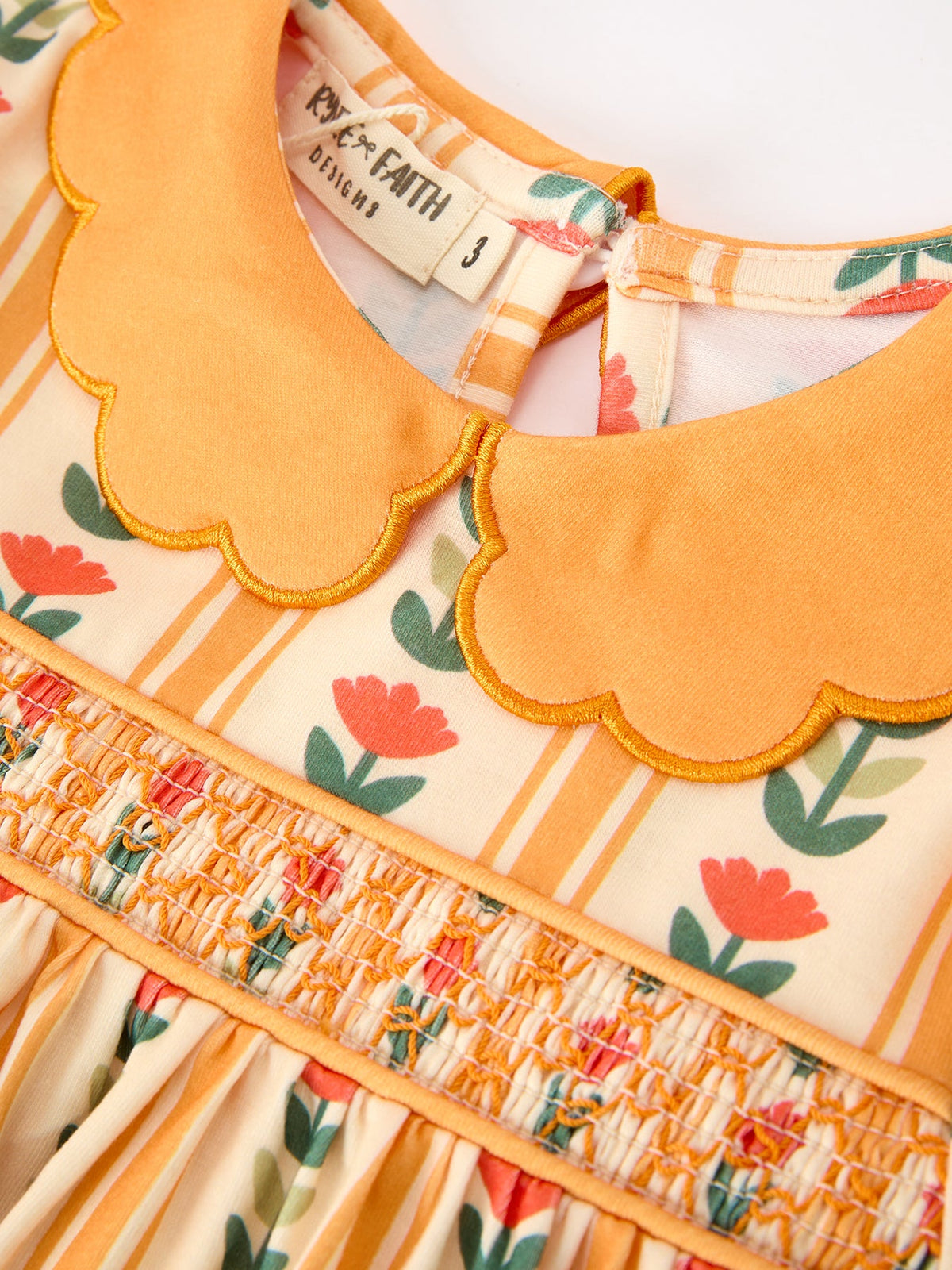 Polyester Spandex Girls Dress, Floral Stripe Petals Collar Smocked by Rylee Faith Designs