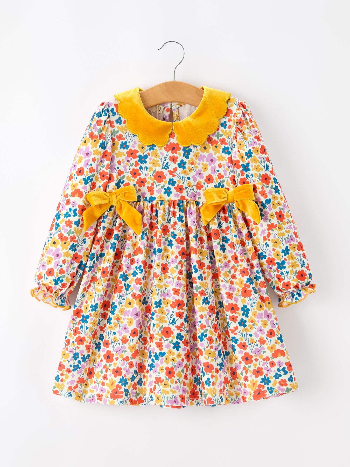 Girls' Floral Polyester Spandex Dress, Yellow Velvet Collar