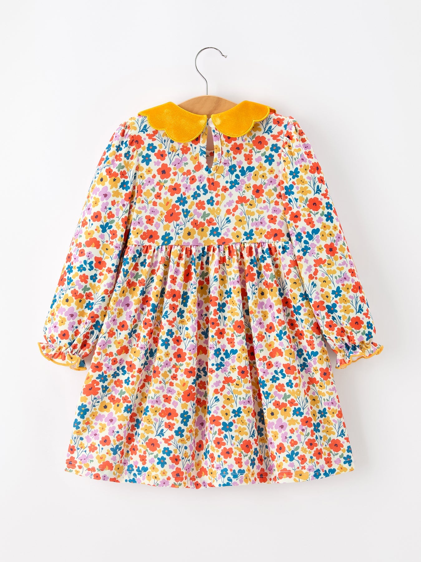 Girls' Floral Polyester Spandex Dress, Yellow Velvet Collar