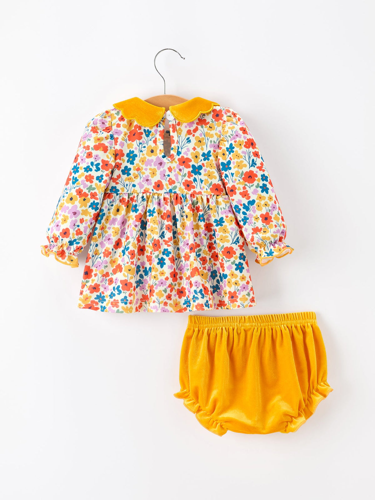 Floral Print Outfit Set, Yellow Velvet Collar, Mustard Bloomers by Rylee Faith Designs (view 2 of 5)