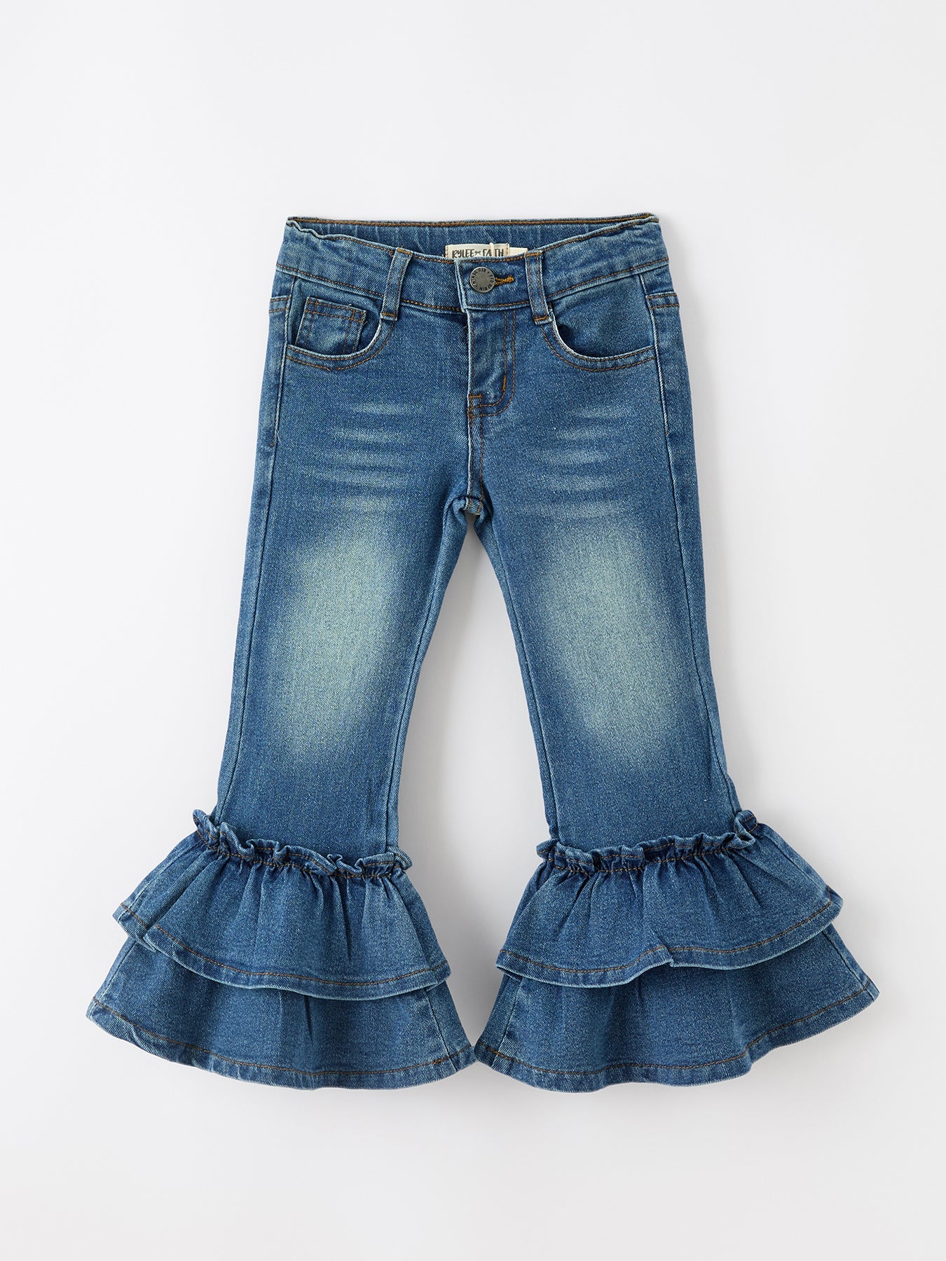 Girls denim bell bottom leggings with ruffle flare at the ankle