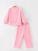 Girls Cotton Polyester Sweatshirt and Pants Set, Pink Bow Trim by Rylee Faith Designs