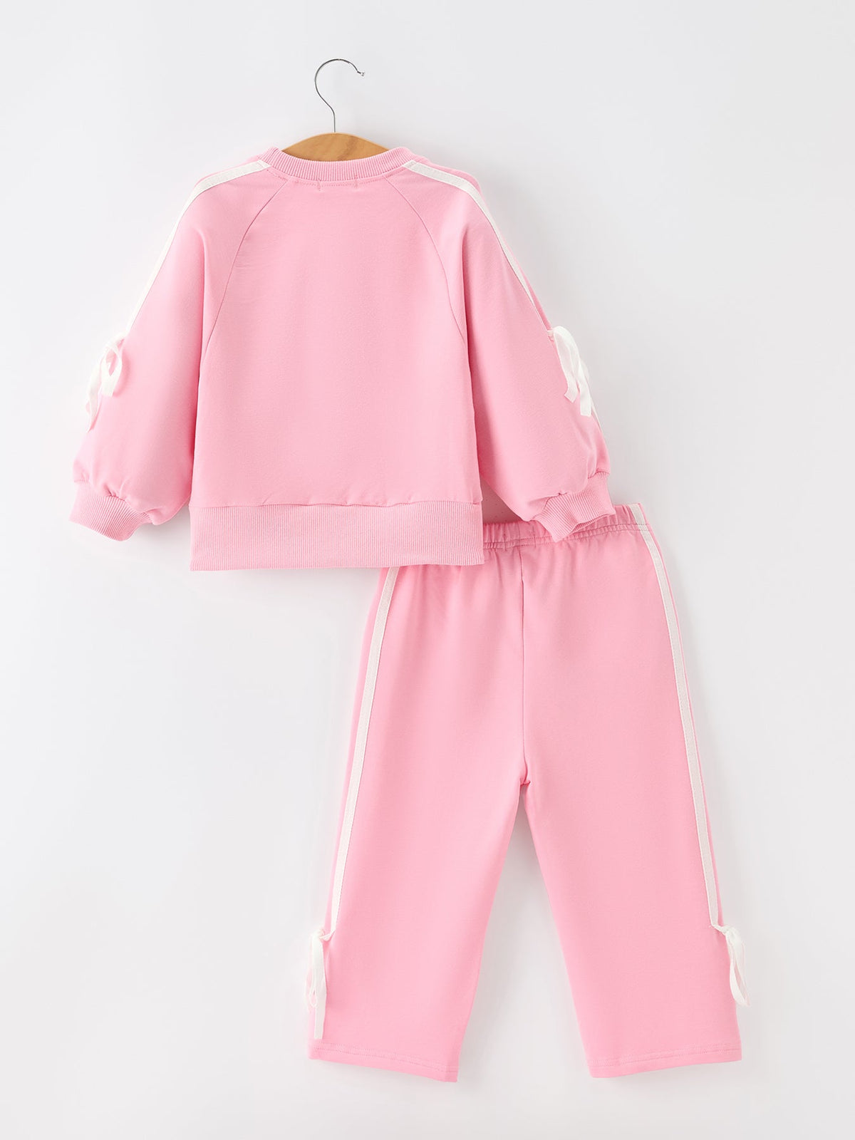 Girls Cotton Polyester Sweatshirt and Pants Set, Pink Bow Trim by Rylee Faith Designs