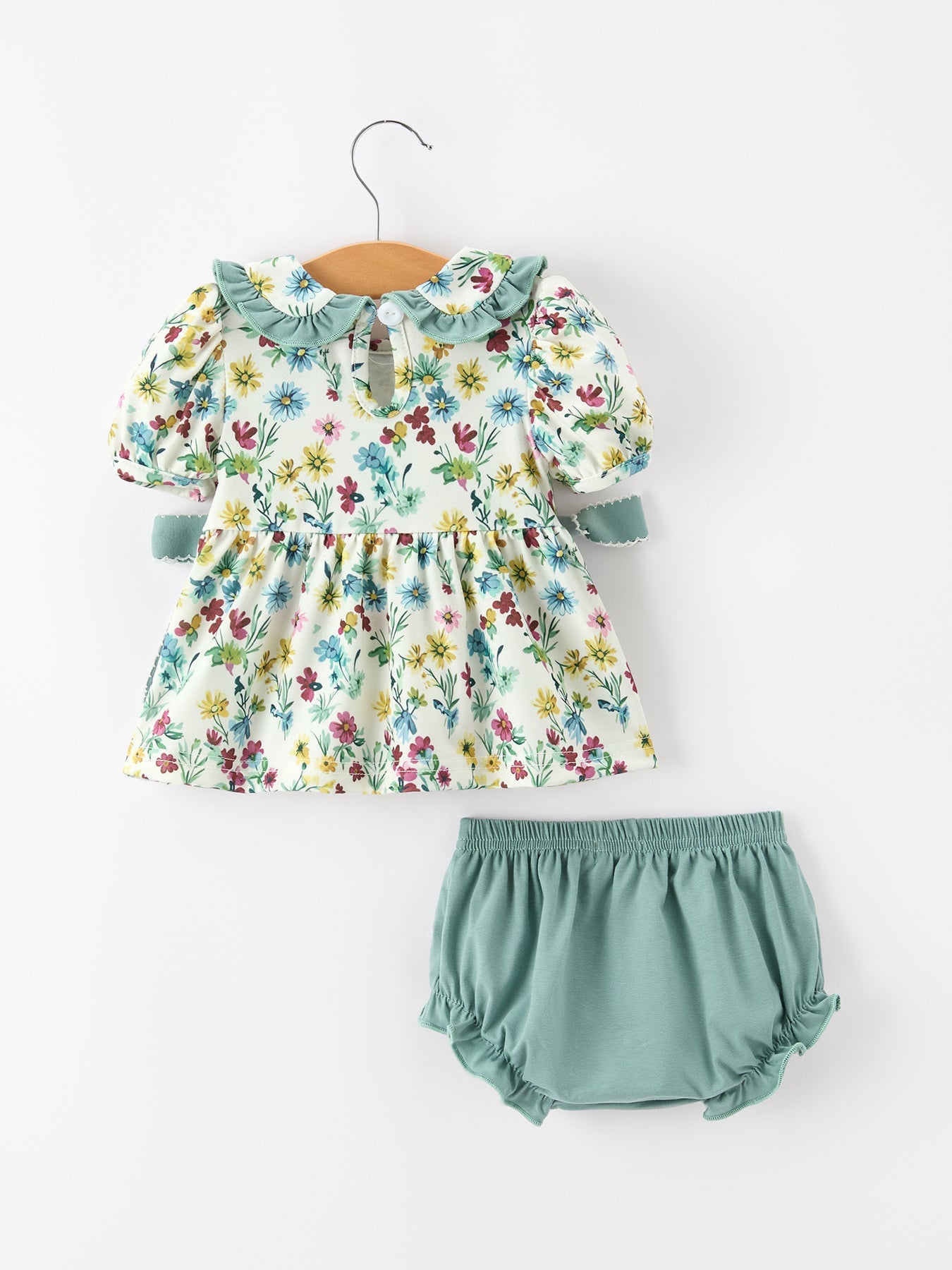 Green Floral Two-Piece Set, Ruffle Collar Bow Baby Bloomer