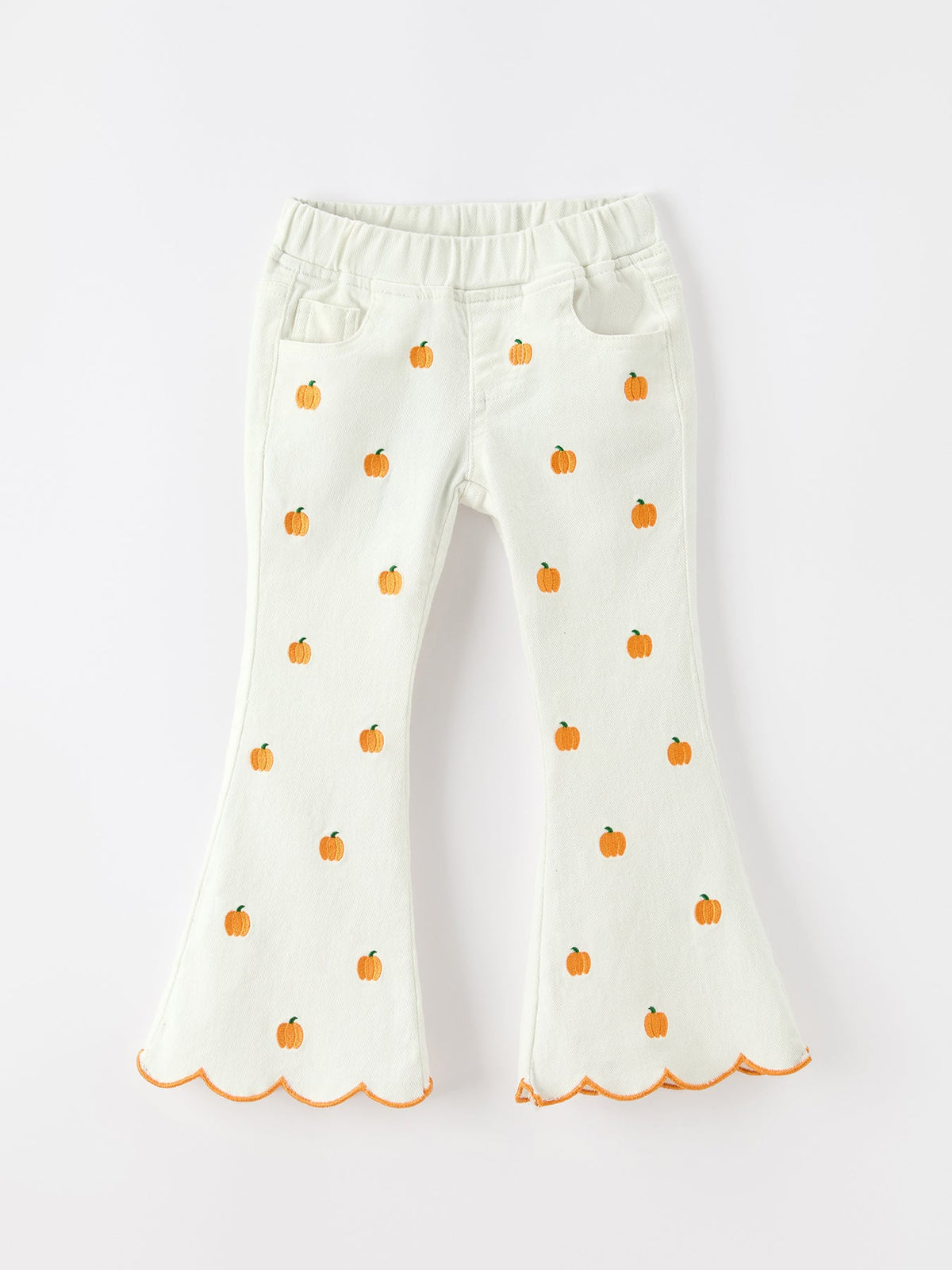 Girls Pumpkin Embroidered Wide-Leg Pants Fall Scallop Hem Casual Pants by Rylee Faith Designs