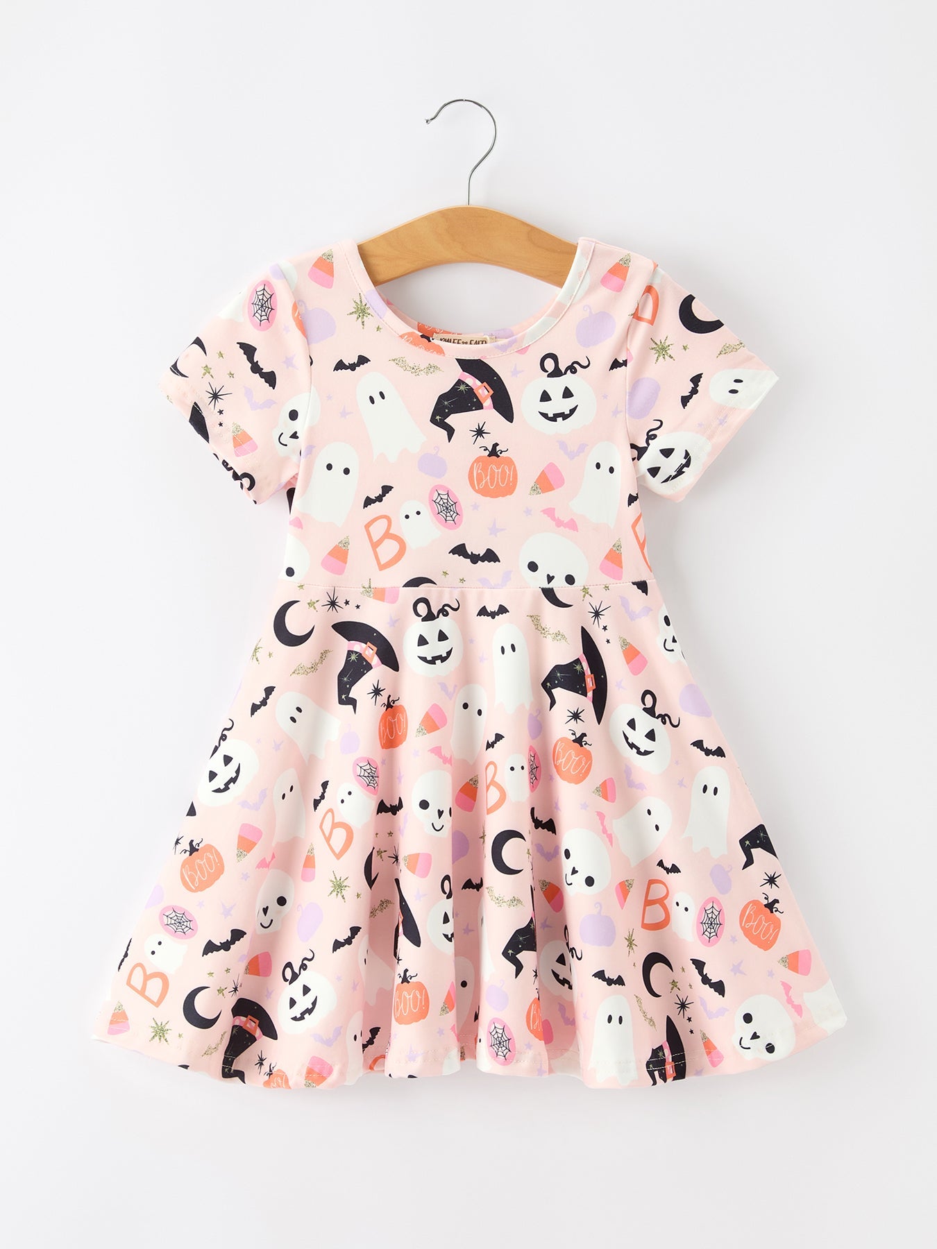 Short-sleeved twirl dress with ghost girl Halloween print and a full skirt for spinning