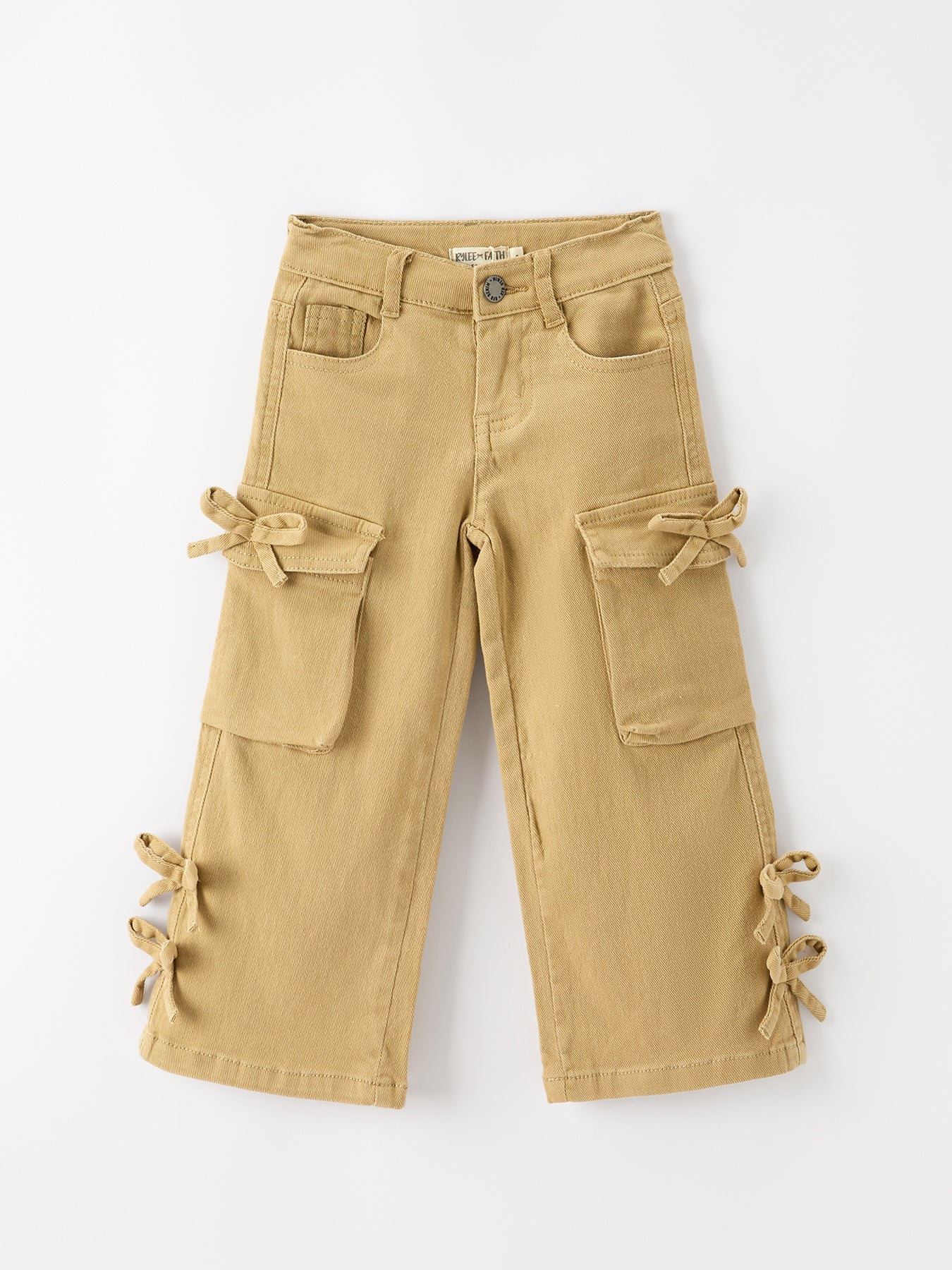 Girls wide-leg cargo pants with side pockets and small bow accents at the sides.