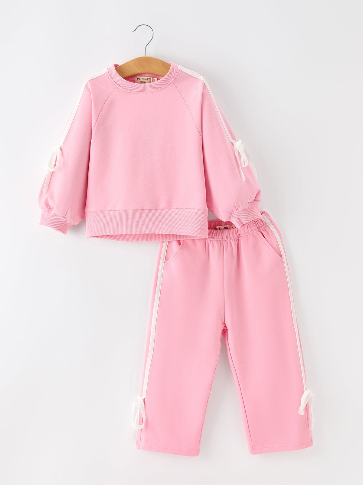 Girls Cotton Polyester Sweatshirt and Pants Set, Pink Bow Trim by Rylee Faith Designs
