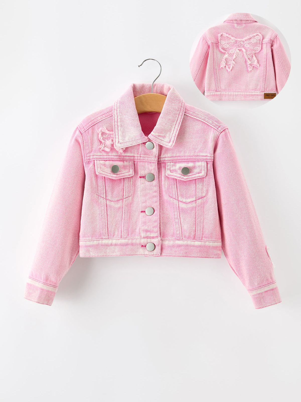Girls Pink Denim Jacket with Lace Bow Back Detail by Rylee Faith Designs